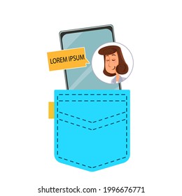 Mobile phone in a blue pocket. On the phone screen, a female avatar and a cloud for text. Template for copy-paste text. Vector illustration in cartoon childish style. Call from wife.