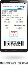 Mobile phone with mobile boarding pass airline ticket. Concept of modern travel or journey. Vector illustration