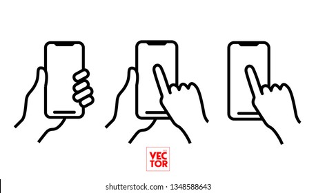 Mobile Phone Bold Line Icon with Hand holding smartphone and Smartphone with white screen on white bnackground