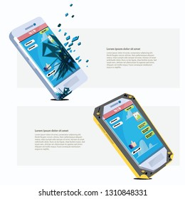 Mobile phone with broken glass close-up and mobile phone with case protect phone- vector illustration