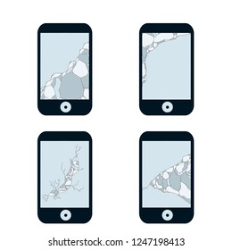 Mobile phone with a broken screen. A crack on the glass. A set of broken gadgets. Smartphone repair. A problem for technical support. The fault system.