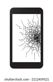Mobile Phone With A Broken Screen Isolated On White Background.