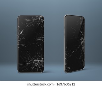 Mobile phone with broken screen set front and side view, smashed smartphone, shattered electronics device with black touchscreen covered with scratches and cracks, Realistic 3d vector illustration