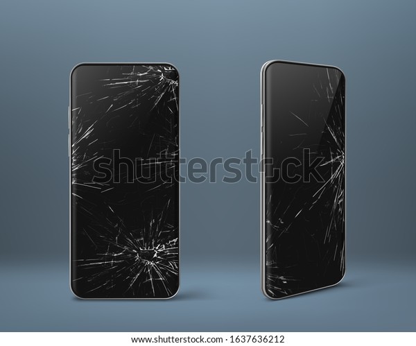 Mobile phone with broken screen set front\
and side view, smashed smartphone, shattered electronics device\
with black touchscreen covered with scratches and cracks, Realistic\
3d vector illustration