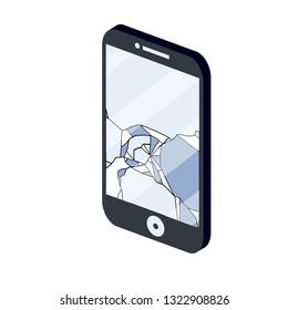 Mobile phone with a broken screen. Smartphone with a crack in the glass. Repair of faulty equipment. Gadget with different defects. Cartoon flat illustration