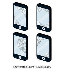 Mobile phone with a broken screen. Smartphone with a crack in the glass. Repair of faulty equipment. Set of gadgets in different defects. Cartoon flat illustration