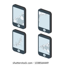 Mobile phone with a broken screen. Smartphone with a crack in the glass. Repair of faulty equipment. Set of gadgets in different defects. Cartoon flat illustration in isometric view