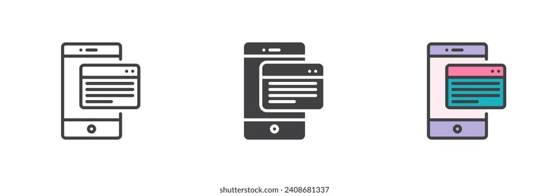 Navegador de teléfonos móviles conjunto de iconos de estilos diferentes. Línea, glifo y contorno relleno versión colorida, contorno y signo vectorial relleno. Símbolo, ilustración del logotipo. Gráficos vectoriales
