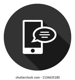 Mobile phone with bubble chat message vector icon. Gray background with shadow. Vector flat sign.