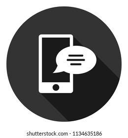 Mobile phone with bubble chat message vector icon. Gray background with shadow. Vector flat sign.