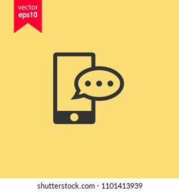 Mobile phone with bubble chat vector icon. Yellow background. EPS 10 vector sign.