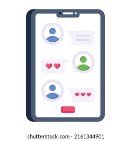 Mobile phone with bubbles and heart, flat icon of love chat 

