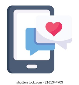 Mobile phone with bubbles and heart, flat icon of love chat 


