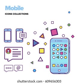 Mobile phone and bubbles icons set. Mobile phone illustration. Blue and white color palette.
