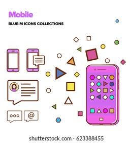 Mobile phone and bubbles icons set. Mobile phone illustration. Blue and white color palette.