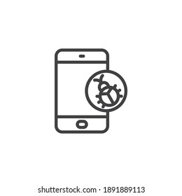 Mobile phone bug line icon. linear style sign for mobile concept and web design. Smartphone virus bug outline vector icon. Symbol, logo illustration. Vector graphics