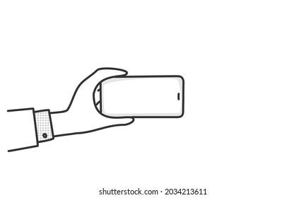 Mobile phone in businessman hand. Hand drawn vector illustration. Black and white.