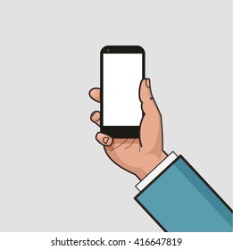 Mobile phone in businessman hand. Hand using smartphone. Mockup of modern mobile phone with touchscreen. Vector flat design