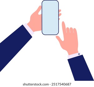 telefone celular nas mãos do homem de negócios, tela de toque da pessoa com o dedo, fundo transparente, vetor plano