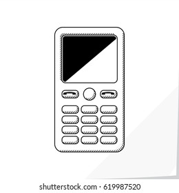 Mobile Phone with Buttons Electronic Digital Device Isolated Illustration - Black Elements on White Natural Paper Effect Background - Vector Technical Sketch Graphic Design