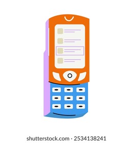  Mobiltelefon mit Tasten, altes Modell. Handgezeichnet. Drahtloses Elektronik-Konzept von Vintage