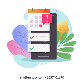 Mobile phone calendar with important deadline date and task list or smartphone with event appointment vector flat cartoon, illustrated online agenda scheduled on cellphone modern design colorful