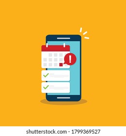 Mobile phone calendar with important deadline date and task list or smartphone with event appointment. Online scheduled agenda on cellphone.
