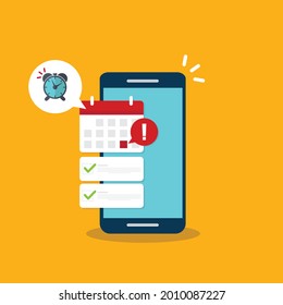 Mobile phone calendar with important deadline date and task list or smartphone with event appointment. Online scheduled agenda on cellphone.