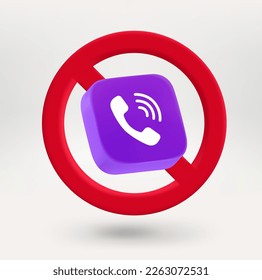 Mobile phone call icon in red circle with crossed line. No travel concept. 3d vector icon 
