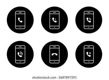 Mobile phone with call icon set in black circle. Incoming, ringing, hang up and declined call status symbol