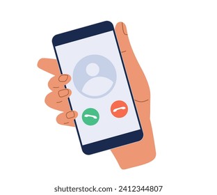 Llamada de teléfono móvil. Llamada de parte desconocida, contesta o rechaza. Mano humana sosteniendo un teléfono móvil sonando aislado por un tiempo. Llamada entrante en la ilustración plana del icono Vector del teléfono móvil. Dispositivo de pantalla