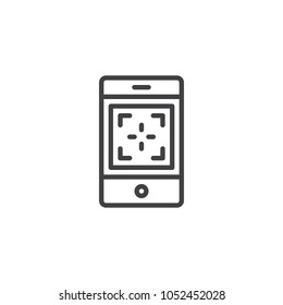 Mobile phone camera focus outline icon. linear style sign for mobile concept and web design. Focusing smartphone simple line vector icon. Symbol, logo illustration. Pixel perfect vector graphics
