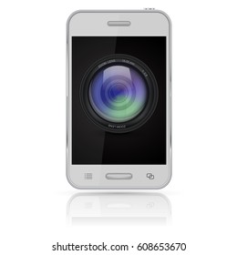 Mobile phone with  camera lens icon on screen. Vector 3d illustration isolated on white background