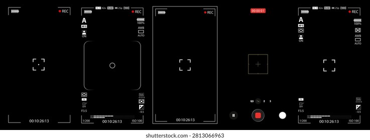 Mobile phone camera rec overlay mockup pack isolated on black bg. Recorder cam display. Video or photo recording screen. Viewfinder Layout template. Vector illustration
