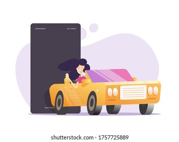 Mobile phone and car blank empty screen or smartphone vehicle online remote technology vector flat cartoon illustration, smiling woman driving automobile near cellphone modern design 