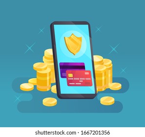 Mobile phone and card with shield and money