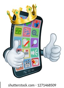 A mobile phone cartoon character mascot wearing a gold king crown and giving a double thumbs up.