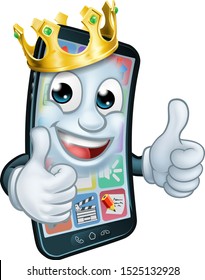 A mobile phone cartoon character mascot wearing a gold king crown and giving a double thumbs up.