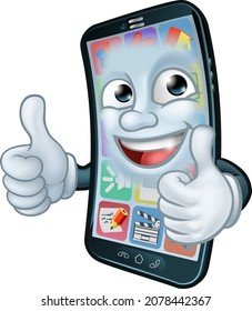 A mobile phone cartoon character mascot giving a double thumbs up.