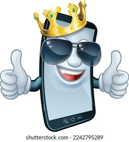 A mobile phone cartoon character mascot wearing a gold king crown and cool shades or sunglasses giving a double thumbs up.