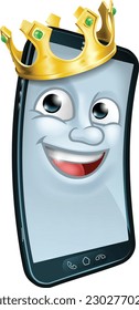 A mobile phone cartoon character mascot wearing a gold king crown 