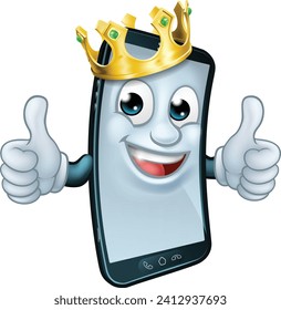 A mobile phone cartoon character mascot wearing a gold king crown and giving a double thumbs up.