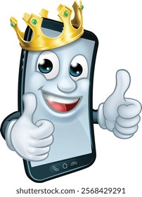 A mobile phone cartoon character mascot wearing a gold king crown and giving a double thumbs up.