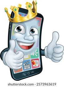 A mobile phone cartoon character mascot wearing a gold king crown and giving a double thumbs up.