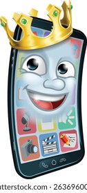 A mobile phone cartoon character mascot wearing a gold king crown 