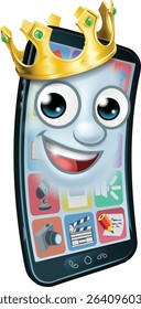 A mobile phone cartoon character mascot wearing a gold king crown 