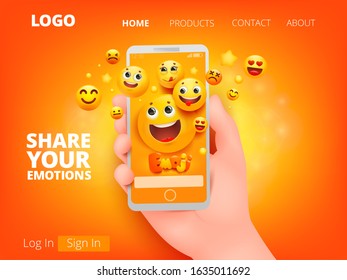 Mobile phone in cartoon style on yellow background. Hand holding smartphone. Yellow emoji smile face characters in various emotions Facial expression. Vector landing page template