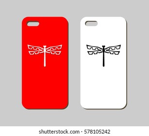 Mobile phone case design. Abstract polygonal dragonfly silhouette background. Vector graphics.