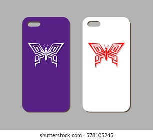 Mobile phone case design. Abstract polygonal butterfly silhouette background. Vector graphics.