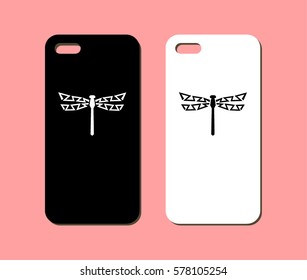 Mobile phone case design. Abstract polygonal dragonfly silhouette background. Vector graphics.